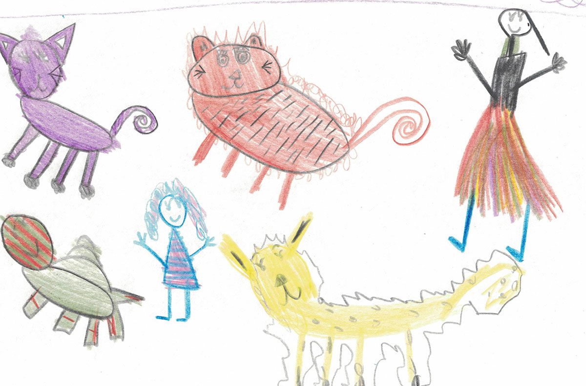 child's artwork with animals and people