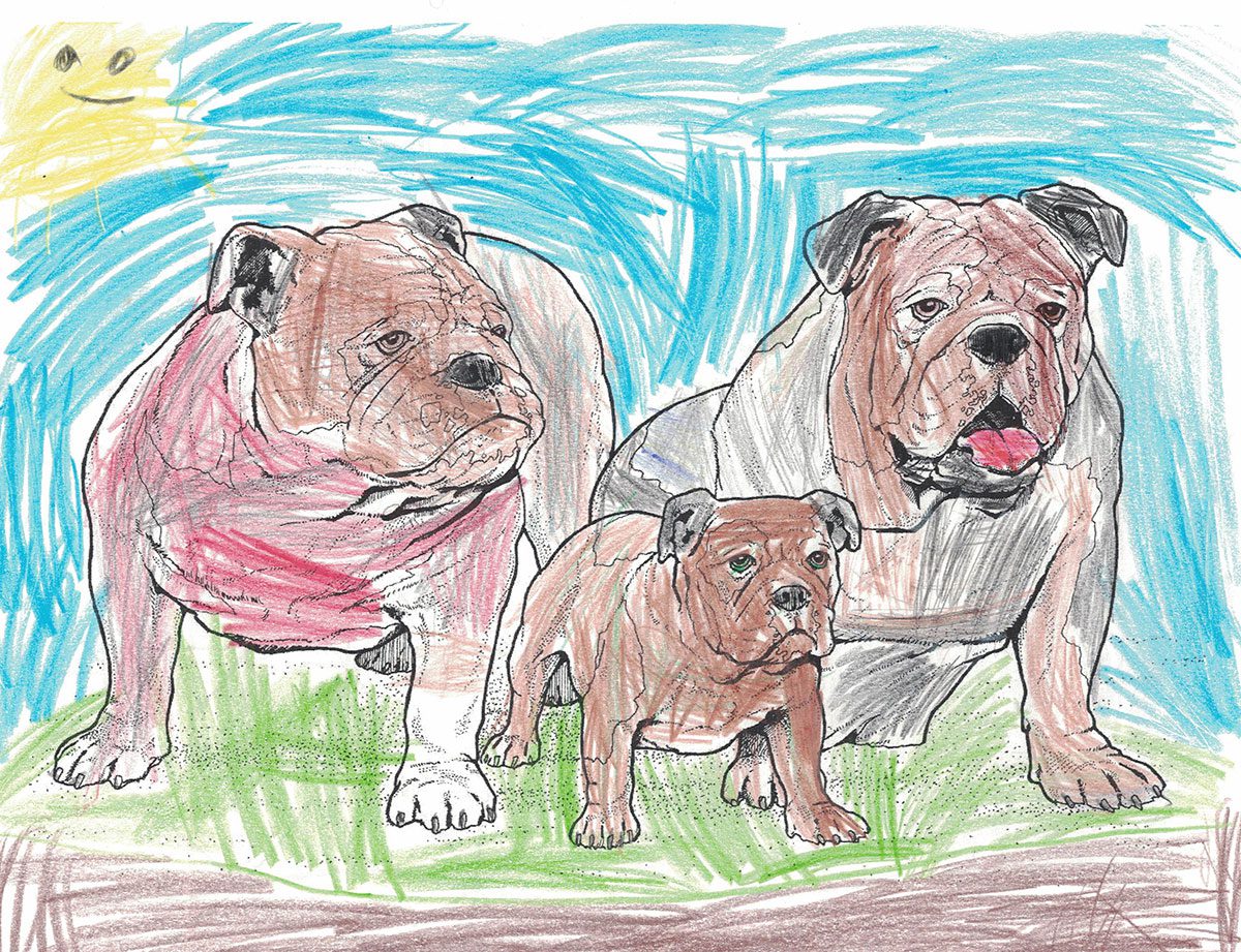 child's coloring of bulldog family outside on a sunny day