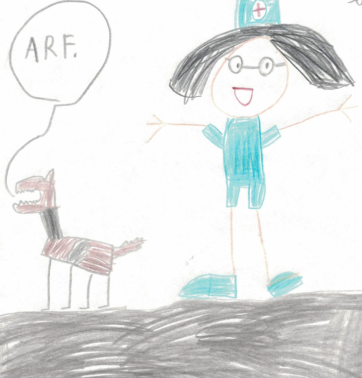child's artwork of happy doctor wearing scrubs standing next to dog that has speech bubble saying "arf"