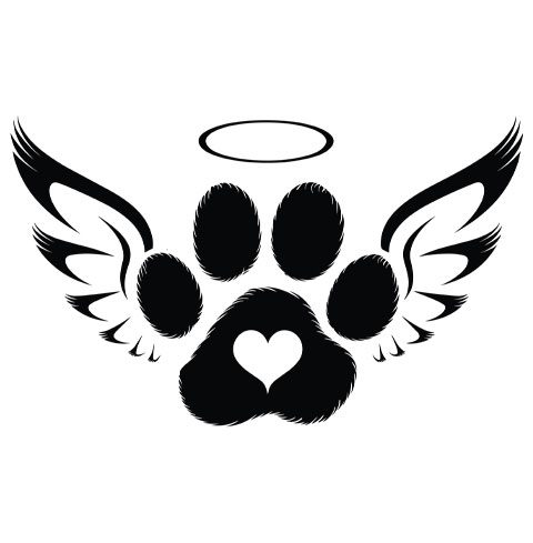 black and white paw print with angel wings and halo