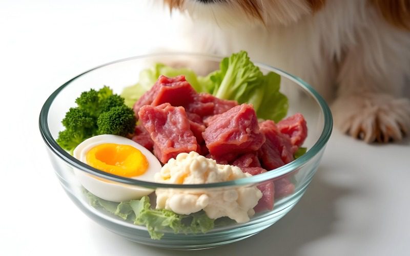 Bowl of healthy food for dogs including meat, egg and broccoli