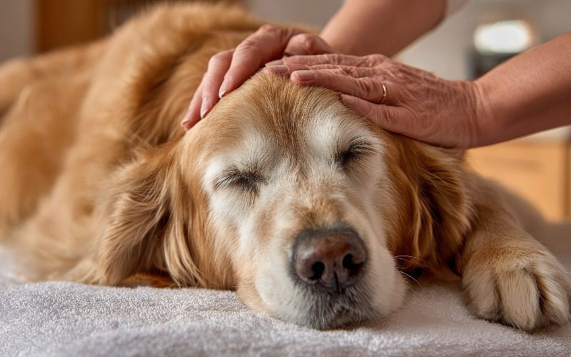 senior golden retriever receiving a massage with Tui-na