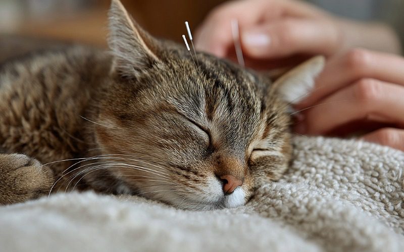brown striped tabby cat receiving acupuncture