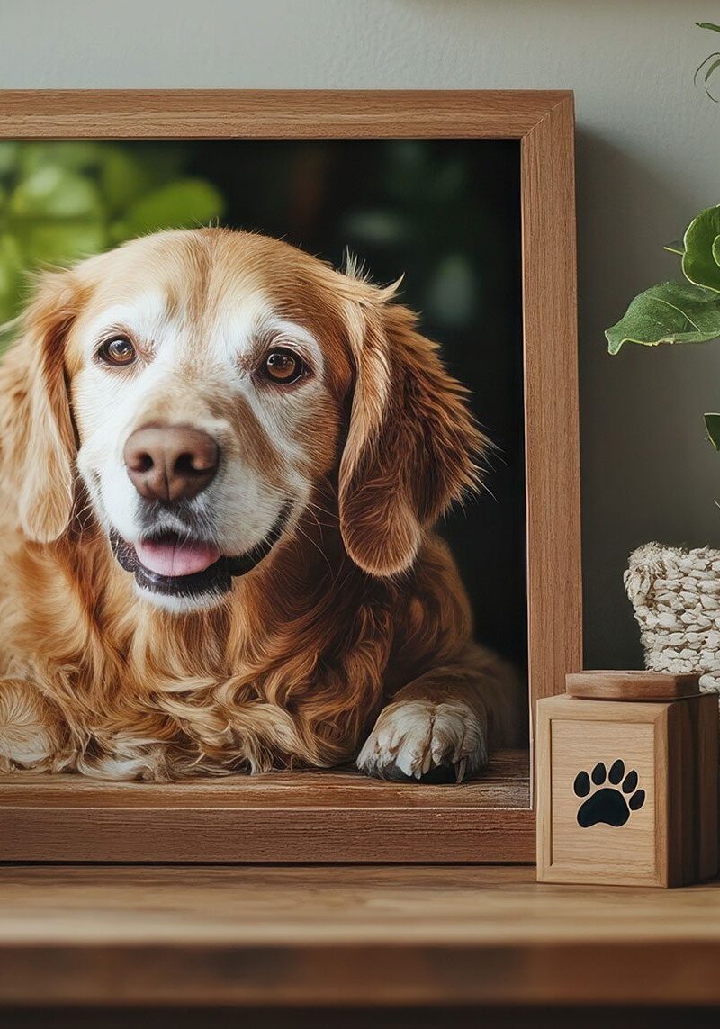 wooden urn and photo of deceased pet